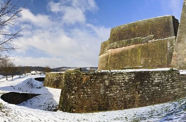 View of citadel in snow, Citadelle de Bitche, Bitche, Vosges Regional Natural Park, Lorraine, France, December