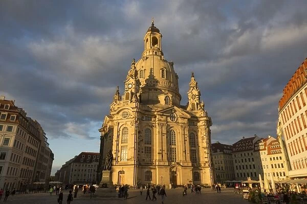 View of city church in late evening sunlight, Frauenkirche, Dresden, Saxony, Germany, September