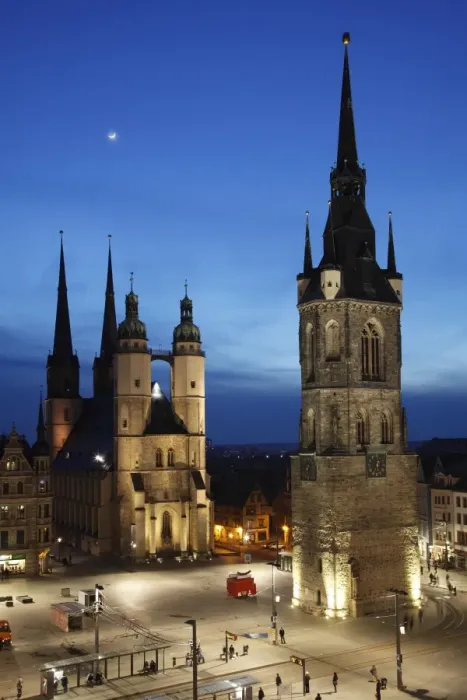 Framed Print : View of city market place with church illuminated at night, Red Tower (Roter Turm), Marien Church (Marktkirche), Halle Framed Print : View of city market place with church illuminated at night, Red Tower (Roter Turm), Marien Church (Marktkirche), Halle