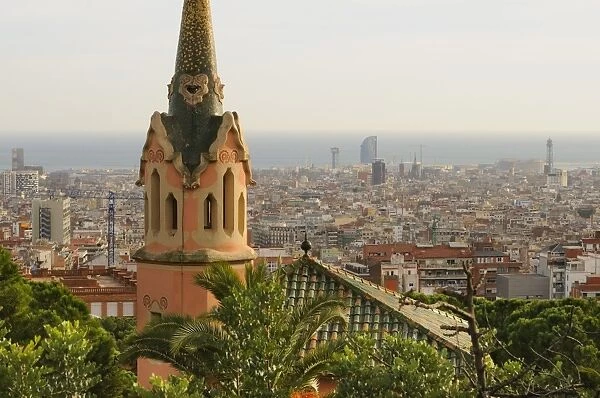 View of city from Parc Guell, Gracia District, Barcelona, Catalonia, Spain, december