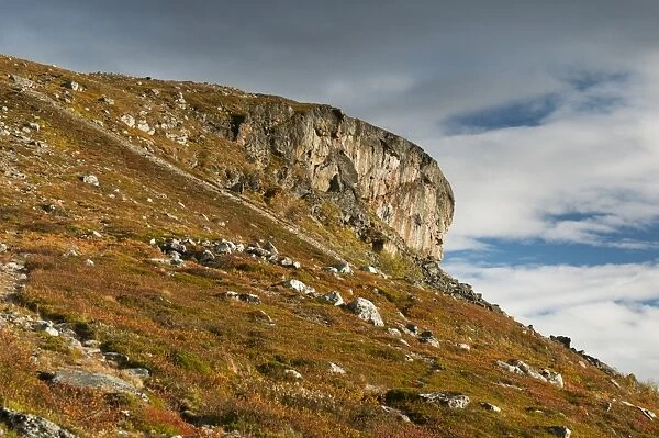 View of cliffs at summit of fell, Saana Fell, Kilpisjarvi, Enontekio, Lapland, Finland, September
