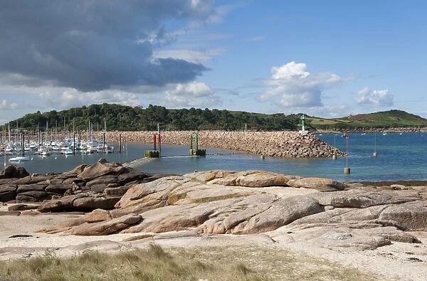 View of coast with boats moored at marina, Trebeurden, Cotes-d Armor, Brittany, France, September