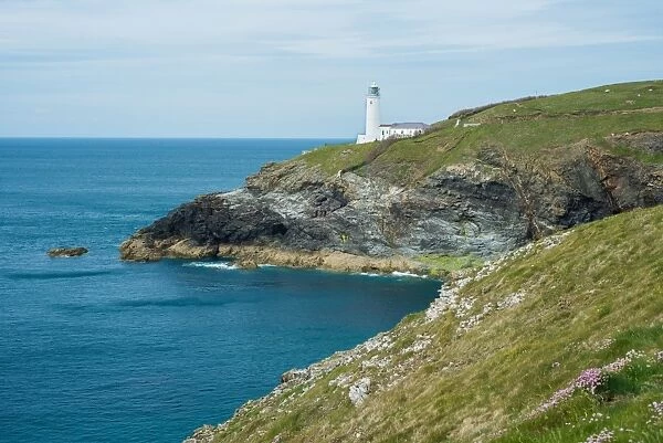 View of coastal headland and lighthouse, Trevose Head Lighthouse, Trevose Head, Cornwall, England, June