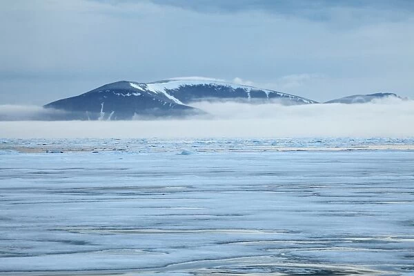 View of coastal ice floes, with fog covered mountains in background, Spitsbergen, Svalbard, september