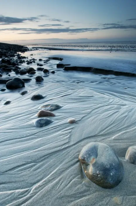 Framed Print : View of coastal mudflats with channels and pebbles at twilight, Dungeness, Kent, England, june Framed Print : View of coastal mudflats with channels and pebbles at twilight, Dungeness, Kent, England, june