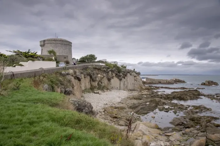 Framed Print : View of coastal promontory and Martello tower, James Joyce Tower and Museum, Forty Foot, Sandycove, Dublin Bay Framed Print : View of coastal promontory and Martello tower, James Joyce Tower and Museum, Forty Foot, Sandycove, Dublin Bay