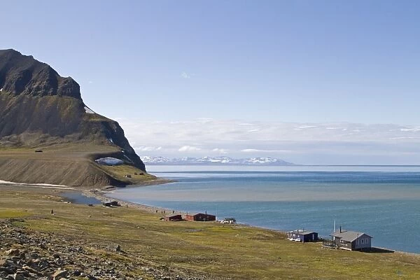 View of coastal settlement, Grumantbyen, Spitzbergen, Svalbard, july