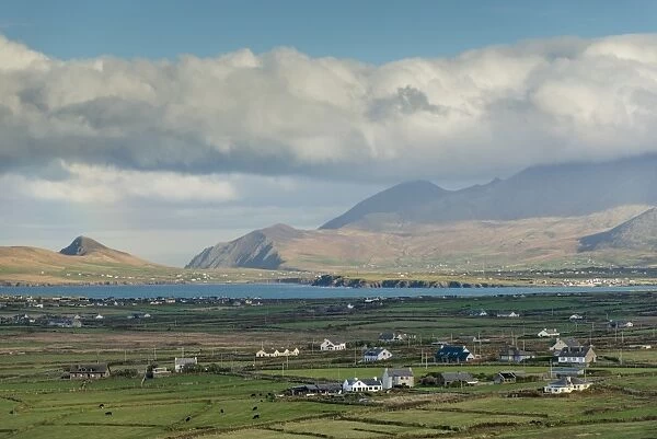 View of coastal village and farmland, Clogher, Ballyferriter, Dingle Peninsula, County Kerry, Munster, Ireland