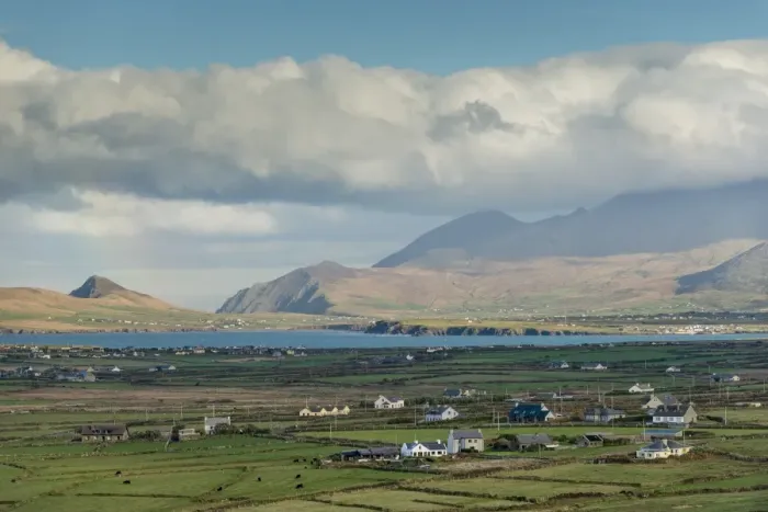 Framed Print : View of coastal village and farmland, Clogher, Ballyferriter, Dingle Peninsula, County Kerry, Munster, Ireland Framed Print : View of coastal village and farmland, Clogher, Ballyferriter, Dingle Peninsula, County Kerry, Munster, Ireland