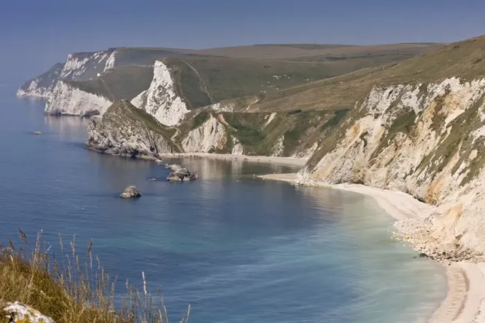 Framed Print : View of coastline with chalk cliffs, St. Oswalds Bay (Man o War Bay), near Lulworth, Dorset, England, July Framed Print : View of coastline with chalk cliffs, St. Oswalds Bay (Man o War Bay), near Lulworth, Dorset, England, July