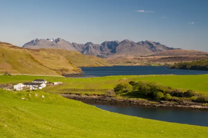 Framed Print : View of coastline with farm buildings and sea loch, Loch Harport, Gesto Bay, Minginish Peninsula, Isle of Skye Framed Print : View of coastline with farm buildings and sea loch, Loch Harport, Gesto Bay, Minginish Peninsula, Isle of Skye