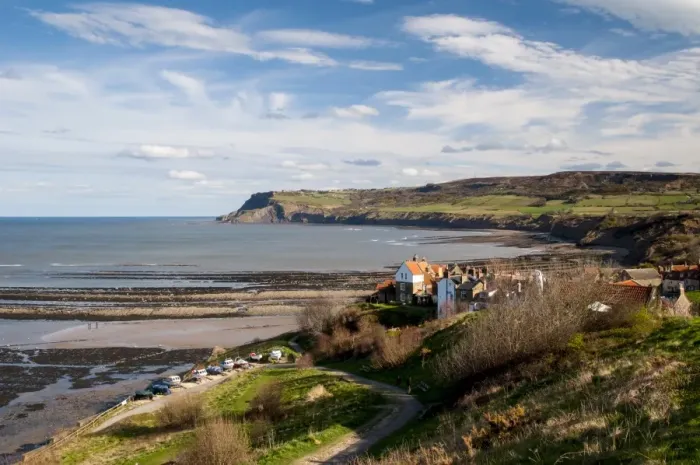 Framed Print : View of coastline and fishing village, looking from North Cliffs looking towards Ravenscar, Robin Hoods Bay Framed Print : View of coastline and fishing village, looking from North Cliffs looking towards Ravenscar, Robin Hoods Bay