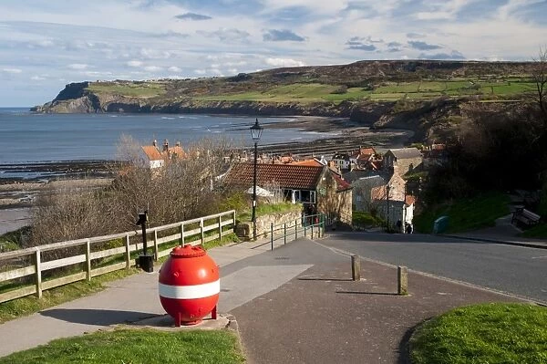 View of coastline and fishing village, looking from North Cliffs looking towards Ravenscar, Robin Hoods Bay