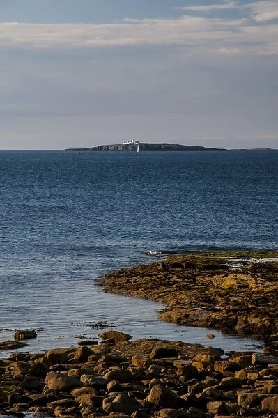 View of coastline from mainland, looking towards island of Inner Farne, Farne Islands, in distance, Bamburgh
