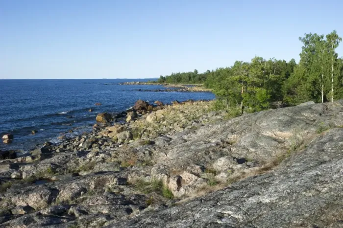 Framed Print : View of coastline with rock formations, Kallarberget, Baltic Sea, Sweden, july