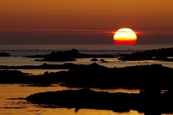 View of coastline at sunset, L Eree Bay, Guernsey, Channel Islands, May