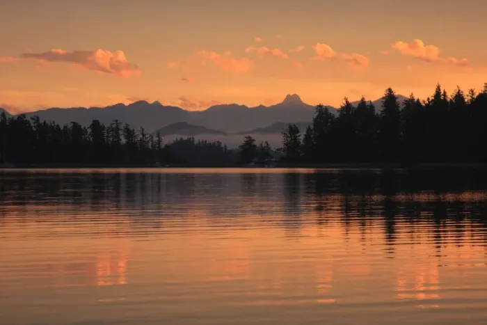 Framed Print : View of coastline at sunset, Rebecca Spit, Quadra Island, Discovery Islands, British Columbia, Canada, September