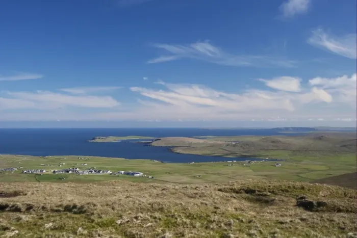 Framed Print : View of coastline, Valsgarth and North East Unst from Saxa Vord, Unst, Shetland Islands, Scotland, June