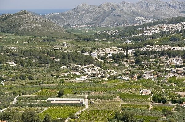 View of countryside with farmland and holiday villas from hills towards coastline, near Denia, Marina Alta