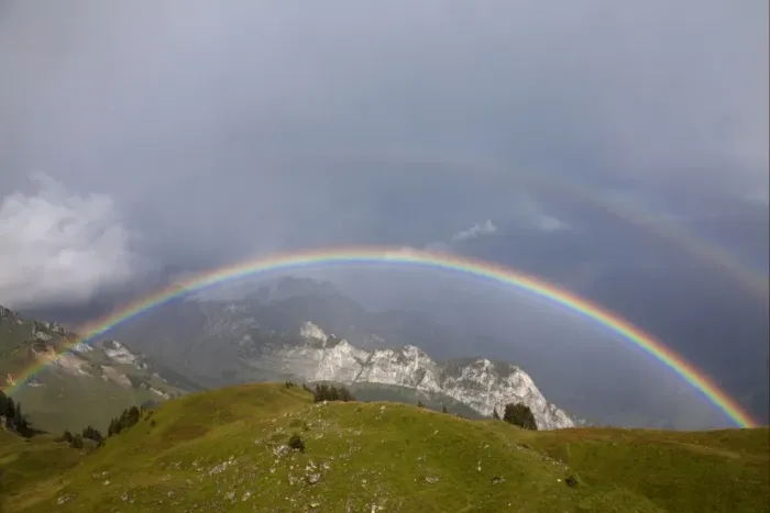 Framed Print : View of double rainbow over mountain landscape, Schynige Platte, Bernese Oberland, Switzerland, August Framed Print : View of double rainbow over mountain landscape, Schynige Platte, Bernese Oberland, Switzerland, August