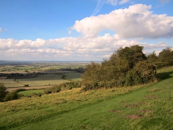 View from downland across Vale of Aylesbury, Chinnor Hill Nature Reserve, Chilterns, Oxfordshire, England, october