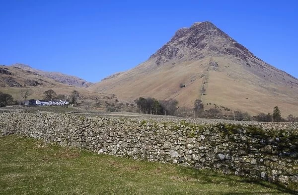 View over drystone wall towards fell, Yewbarrow, Bowderdale, Wasdale Valley, Lake District N. P