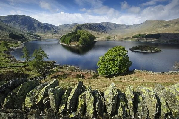 View over drystone wall towards upland reservoir, Haweswater Reservoir, Mardale Valley, Lake District, Cumbria