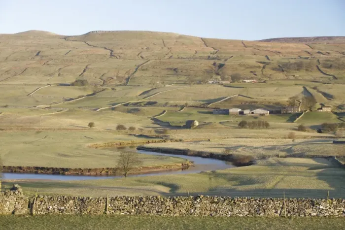 Framed Print : View of drystone walls, pasture and farm buildings in valley bottom with slight frost, River Ure, Burtersett Framed Print : View of drystone walls, pasture and farm buildings in valley bottom with slight frost, River Ure, Burtersett