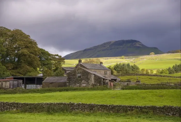 Framed Print : View of drystone walls, pasture and farmhouse, with Peny-y-ghent Hill in background, Horton, Ribblesdale Framed Print : View of drystone walls, pasture and farmhouse, with Peny-y-ghent Hill in background, Horton, Ribblesdale