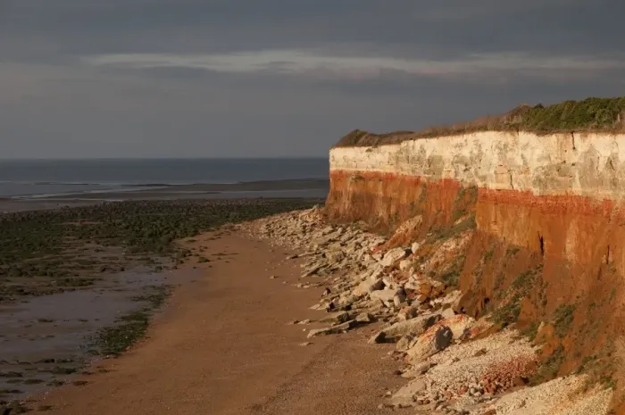 Framed Print : View of eroded chalk and carrstone sea cliffs, Hunstanton, Norfolk, England, october Framed Print : View of eroded chalk and carrstone sea cliffs, Hunstanton, Norfolk, England, october