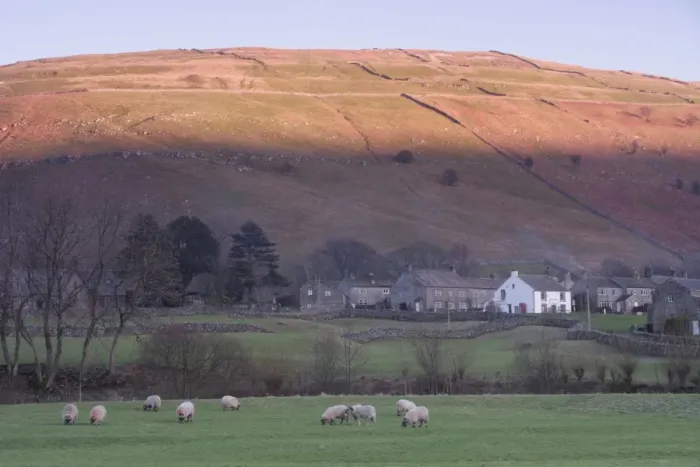 Framed Print : View of evening light on hill summit, with sheep grazing on pasture beside river and village in valley, Buckden Pike Framed Print : View of evening light on hill summit, with sheep grazing on pasture beside river and village in valley, Buckden Pike