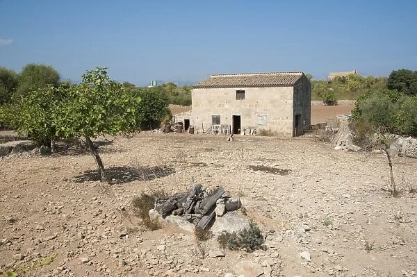 View of farm buildings in dry farmland, Alcudia, Majorca, Balearic Islands, Spain, September