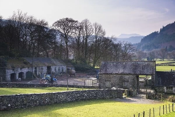 View of farm buildings and farmyard, Llanrwst, Conwy County Borough, Clwyd, North Wales, February