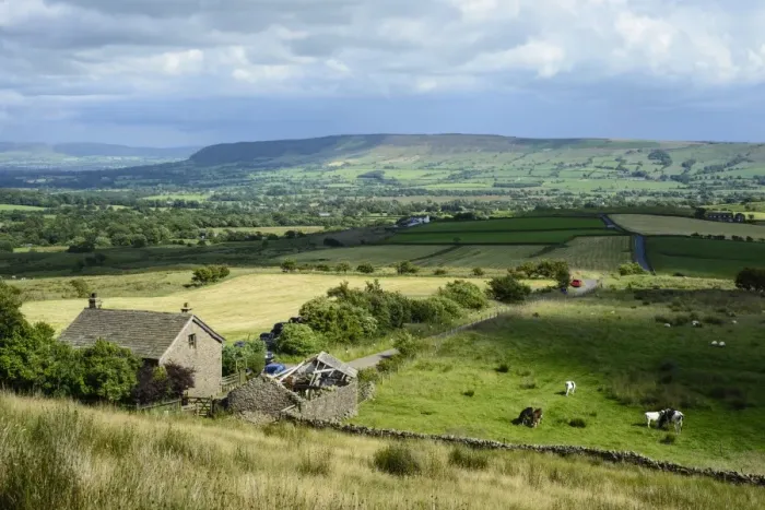 Framed Print : View across farmland with cattle grazing in pasture towards distant fells Framed Print : View across farmland with cattle grazing in pasture towards distant fells