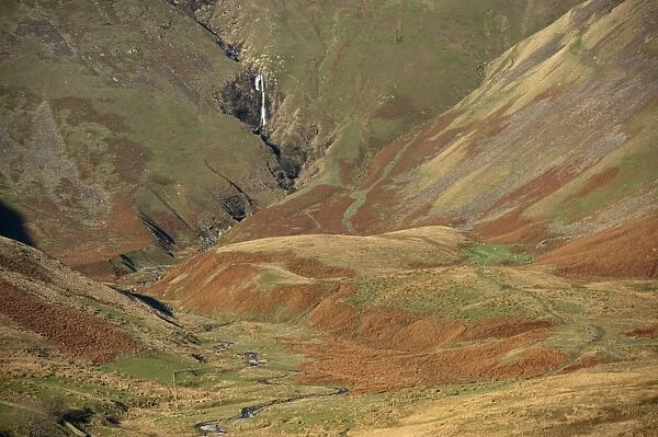 View of fell valley with waterfall in distance, Cautley Crag and Yarlside with Cautley Spout inbetween, Sedbergh
