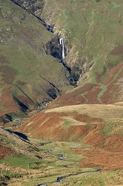 View of fell valley with waterfall in distance, Cautley Crag and Yarlside with Cautley Spout inbetween, Sedbergh