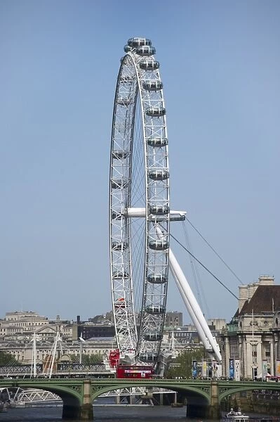 View of ferris wheel and city river, London Eye, South Bank, River Thames, Lambeth, London, England, april