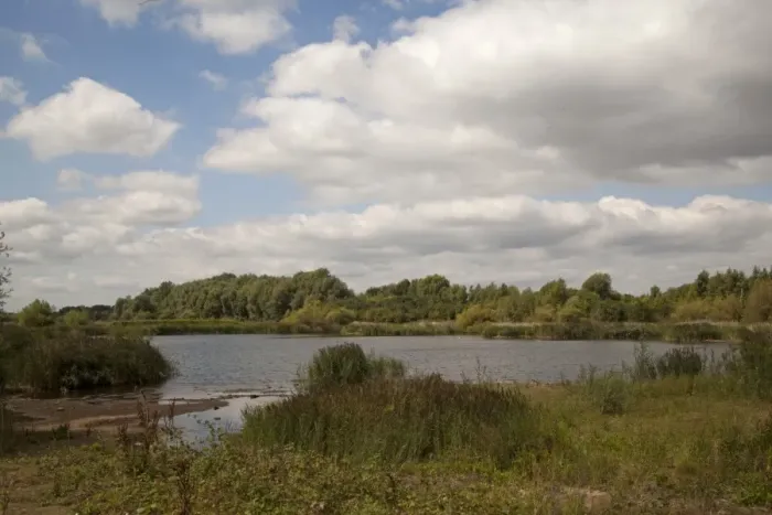 Framed Print : View of flooded former sand and gravel quarry habitat, Willington Gravel Pits, Derbyshire Wildlife Trust Reserve