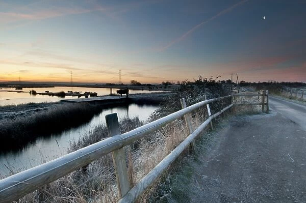 View of flooded wetland habitat and pull-in viewing point at sunrise, East Flood, Oare Marshes Nature Reserve