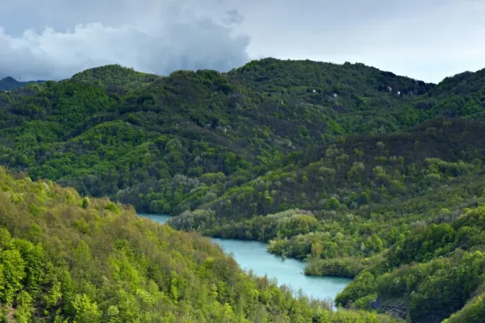 Framed Print : View of forested hills and lake, Lago del Brugneto, Antola Regional Park, Genova Province, Liguria, Italy, may Framed Print : View of forested hills and lake, Lago del Brugneto, Antola Regional Park, Genova Province, Liguria, Italy, may