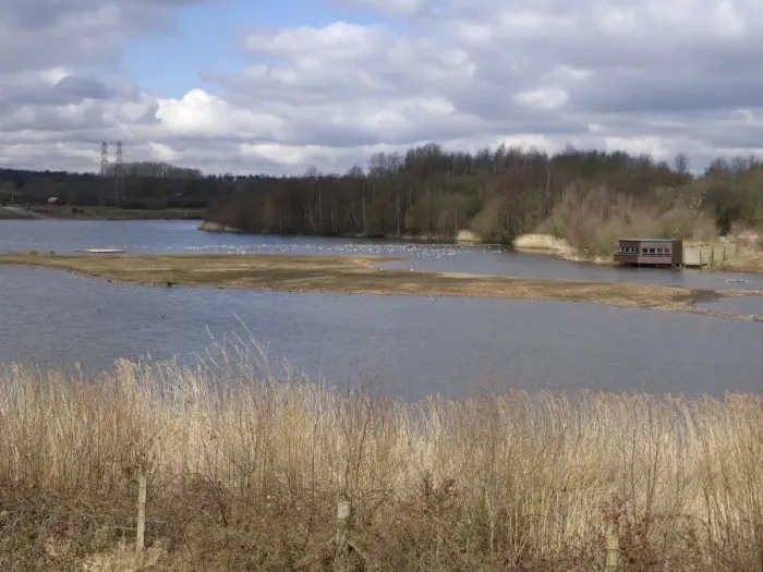 Framed Print : View of freshwater lake habitat with birdwatching hide, Forge Mill Lake, Sandwell Valley RSPB Reserve, West Midlands