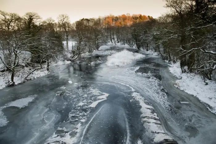 Framed Print : View of frozen river habitat, River Hodder, from Doeford Bridge, Lancashire, England, december Framed Print : View of frozen river habitat, River Hodder, from Doeford Bridge, Lancashire, England, december