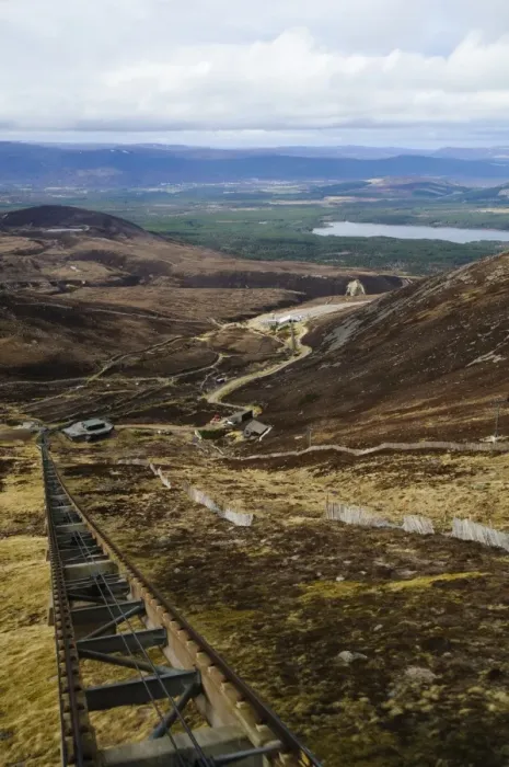 Framed Print : View from funicular railway on snowless mountain, with Aviemore and Loch Morlich in distance, Cairn Gorm Framed Print : View from funicular railway on snowless mountain, with Aviemore and Loch Morlich in distance, Cairn Gorm