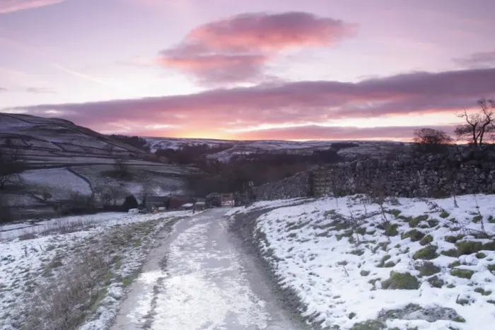 Framed Print : View of gate, drystone walls, footpath and surrounding hillside in snow at sunrise, Malham Cove, Malhamdale Framed Print : View of gate, drystone walls, footpath and surrounding hillside in snow at sunrise, Malham Cove, Malhamdale