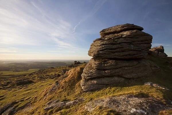 View of granite outcrop on moorland habitat, Arms Tor, Dartmoor N. P. Devon, England, January