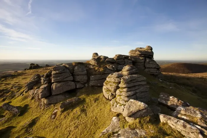 Framed Print : View of granite outcrop on moorland habitat in evening sunlight, with Great Nodden in distance, Arms Tor, Dartmoor N. P Framed Print : View of granite outcrop on moorland habitat in evening sunlight, with Great Nodden in distance, Arms Tor, Dartmoor N. P