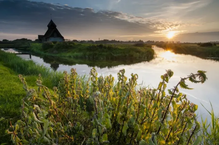 Framed Print : View of grazing marsh with Stinging Nettle (Urtica (Urtica dioica) patch and church beside flooded ditch at sunset, St