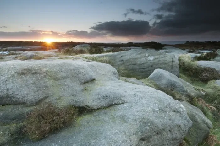 Framed Print : View of gritstone rocks on moorland habitat at sunset, Higger Tor, Dark Peak, Peak District N. P Framed Print : View of gritstone rocks on moorland habitat at sunset, Higger Tor, Dark Peak, Peak District N. P