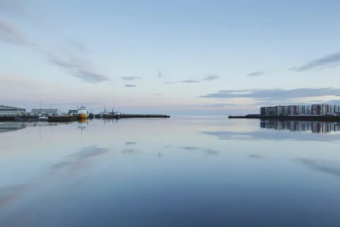 Framed Print : View of harbour with calm water at sunrise, Hafnarfjordur, Iceland, August Framed Print : View of harbour with calm water at sunrise, Hafnarfjordur, Iceland, August