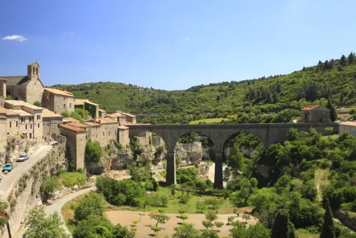 Framed Print : View of historic town with bridge over river valley, Minerve, River Cesse, Herault, Languedoc-Roussillon, France, may Framed Print : View of historic town with bridge over river valley, Minerve, River Cesse, Herault, Languedoc-Roussillon, France, may